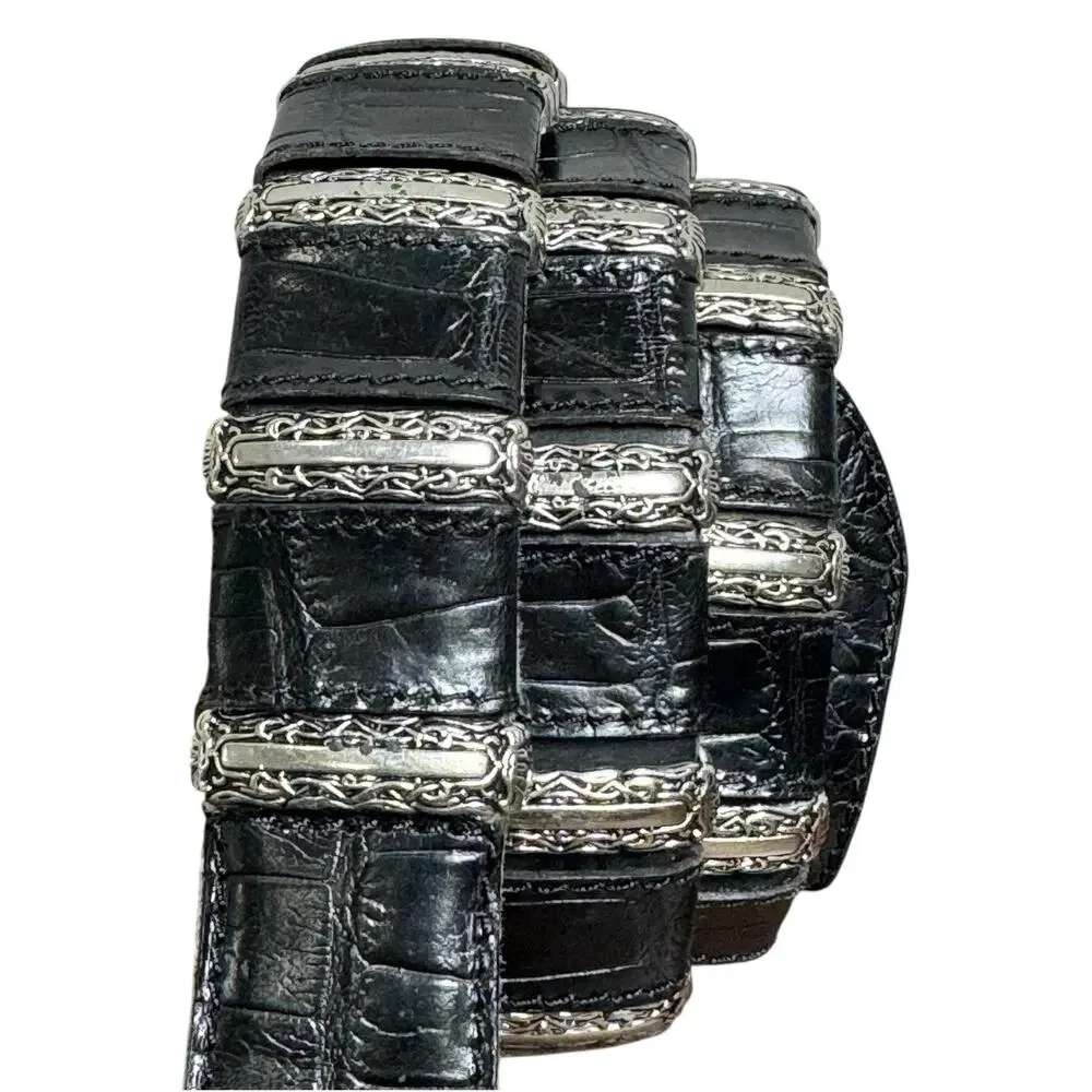 Nanni Womens Leather Belt Black Croc Embossed Western Silver Hardware Size 38